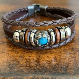 Men’s Brown Ibiza Vegan Leather Multi-Strand Cuff Bracelet with Faux Turquoise